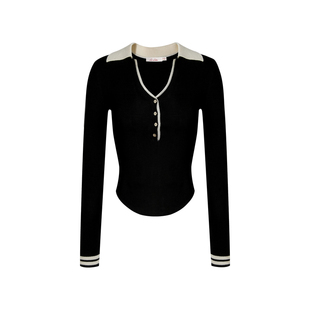 王楚然张雅钦同款Liilou 撞色混纺羊毛v字翻领收腰长袖针织衫