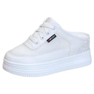 2026夏季透气小白鞋半拖鞋女厚底内增高显瘦8CM无后跟懒人鞋网鞋