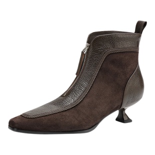 羊皮短靴女冬方头前拉链细跟单靴子时尚小皮鞋配阔腿裤加绒马丁靴