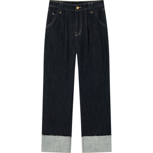 爱居兔丹宁风牛仔裤女冬季新款脚口翻边撞色加绒阔腿裤