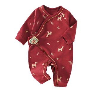 婴儿连体衣春秋季新生儿a类纯棉衣服宝宝大红色满月服小月龄爬服