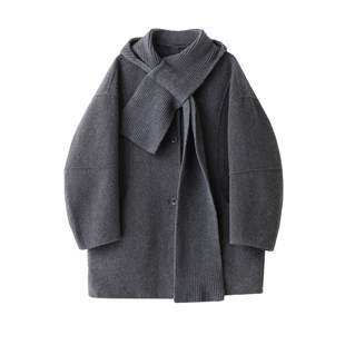 双面羊绒大衣女中长款2025秋冬新款宽松可脱卸围巾连帽羊毛呢外套