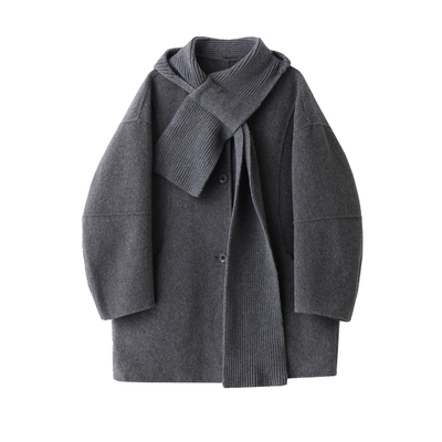 宽松可脱卸围巾连帽羊毛呢外套
