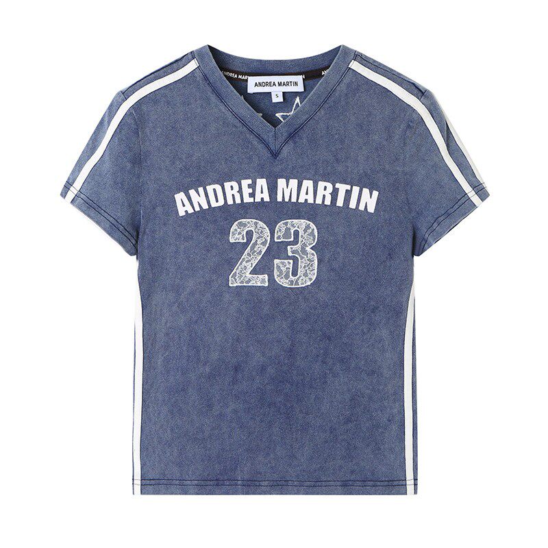 ANDREA MARTIN2026夏季新款藏青短袖T恤女V领修身蕾丝绣花短上衣