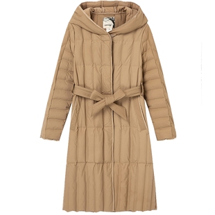 布景羽绒服女中长款冬季新品简约后开叉连帽直筒宽松外套1704