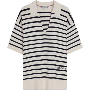 Tommy春夏女装纯棉优雅通勤条纹V领套头薄款慵懒风宽松短袖针织衫