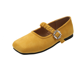 2025新款春夏复古黄色芭蕾舞配裙子方头绒面单鞋软底防滑豆豆鞋女