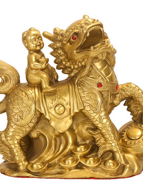 纯黄铜麒麟送子招财镇宅摆件一对