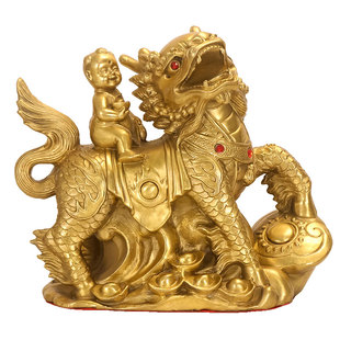 铜麒麟招财镇宅摆件一对公母纯黄铜质麒麟送子客厅玄关卧室装饰品