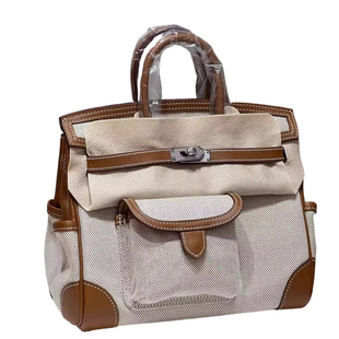 cargo新款帆布包拼swift皮棕色女士手提包手工女包银扣休闲铂金包