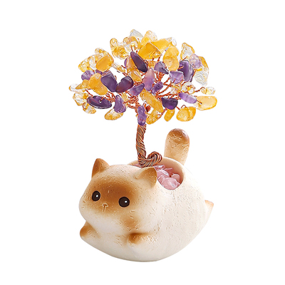 天然黄水晶招财猫发财树桌面装饰
