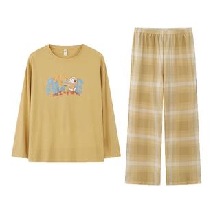 达尔丽柔软7A抗菌防螨纯棉睡衣女秋春长袖新款卡通格纹家居服套装