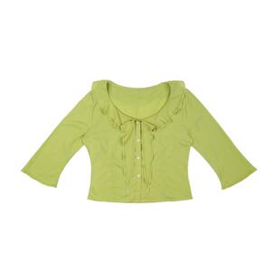 LLANO荷叶领收腰小衬衫复古浪漫七分袖温婉优雅上衣衬衣女夏春季