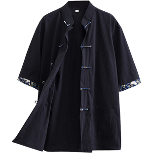 中国风短袖衬衫男夏季薄款中式休闲复古宽松青年盘扣唐装立领衬衣