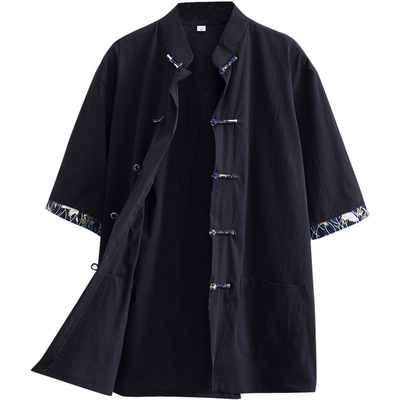 中国风短袖衬衫男夏季薄款中式休闲复古宽松青年盘扣唐装立领衬衣