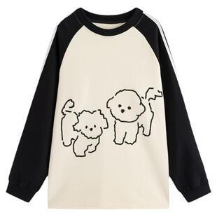 万有引力博物馆 狗狗印花拼接撞色卫衣女春秋款宽松插肩袖上衣