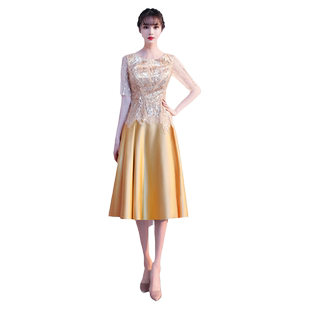 金色晚礼服女高级感气质宴会轻奢小众高端小个子年会主持人连衣裙