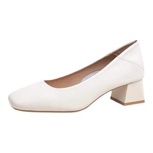 真皮法式单鞋女春2026新款中跟瓢鞋方头粗跟高跟鞋大码女鞋41到43