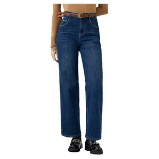 波顿2025秋冬新款女士宽松中高腰直筒高端牛仔裤弹力加绒加厚裤子