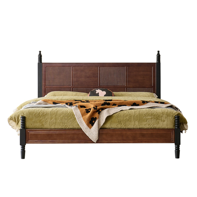 中古风拼色实木床现代简约1.5M1.8M单双人床红橡木法式复古主卧床