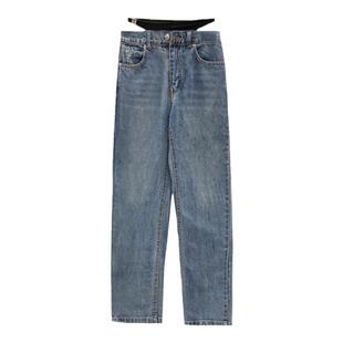 古力娜扎同款比基尼拼接假两件小众设计感牛仔长裤直筒显瘦牛仔裤