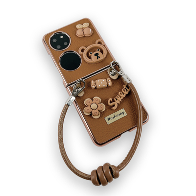 电镀棕色小熊手提斜挎折叠手机壳
