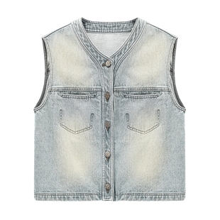 Basic House/百家好经典复古水洗夏季新款口袋设计感时尚牛仔马甲