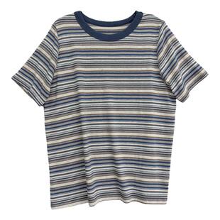 清新夏日彩虹T恤~多巴胺穿搭宽松减龄条纹T恤夏季百搭显瘦上衣女