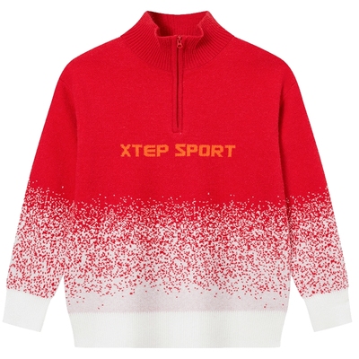 特步童装2025秋冬新款中大童半拉链毛衫儿童保暖男童翻领红色毛衣