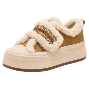 千百度厚底加绒板鞋女冬季2025新款百搭魔术贴休闲鞋增高毛毛棉鞋