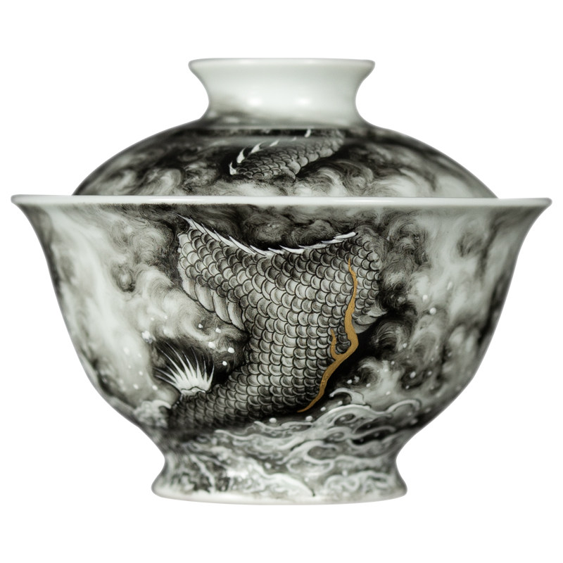 仿古粉彩墨龙描金盖碗