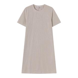 CLUB MONACO女士夏竖条纹泡泡纱圆领垂坠直筒通勤短袖连衣裙