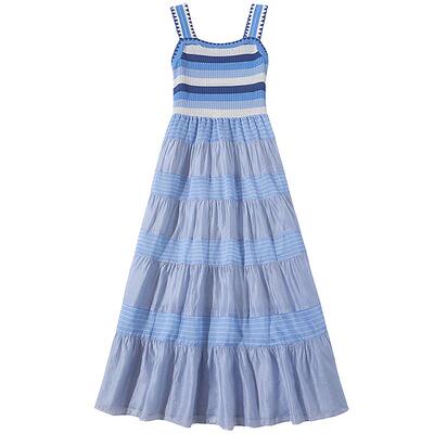 谜底连衣裙无袖女2025夏季新品度假蓝条纹紧身吊带长裙252ML0681