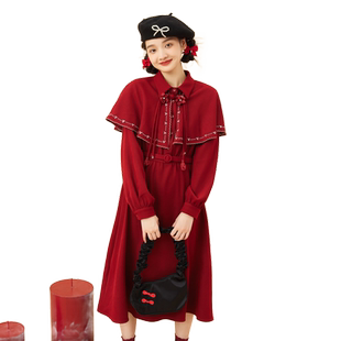 紫涵收腰中长款衬衫连衣裙女冬季新款简约学院风新国风披肩A字裙