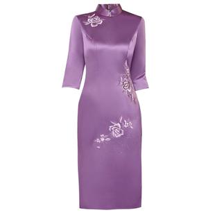 婚礼妈妈紫色旗袍喜婆婆婚礼服醋酸缎刺绣高档女儿出嫁中长袖旗袍