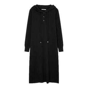 【3件9折】飘蕾黑色连帽抽绳针织连衣裙年秋冬宽松毛衣长裙