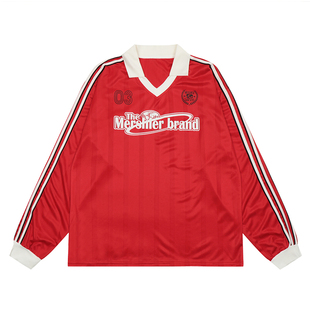 辣到中暑美式复古拼接条纹V领字母印花T恤运动长袖宽松球衣上衣