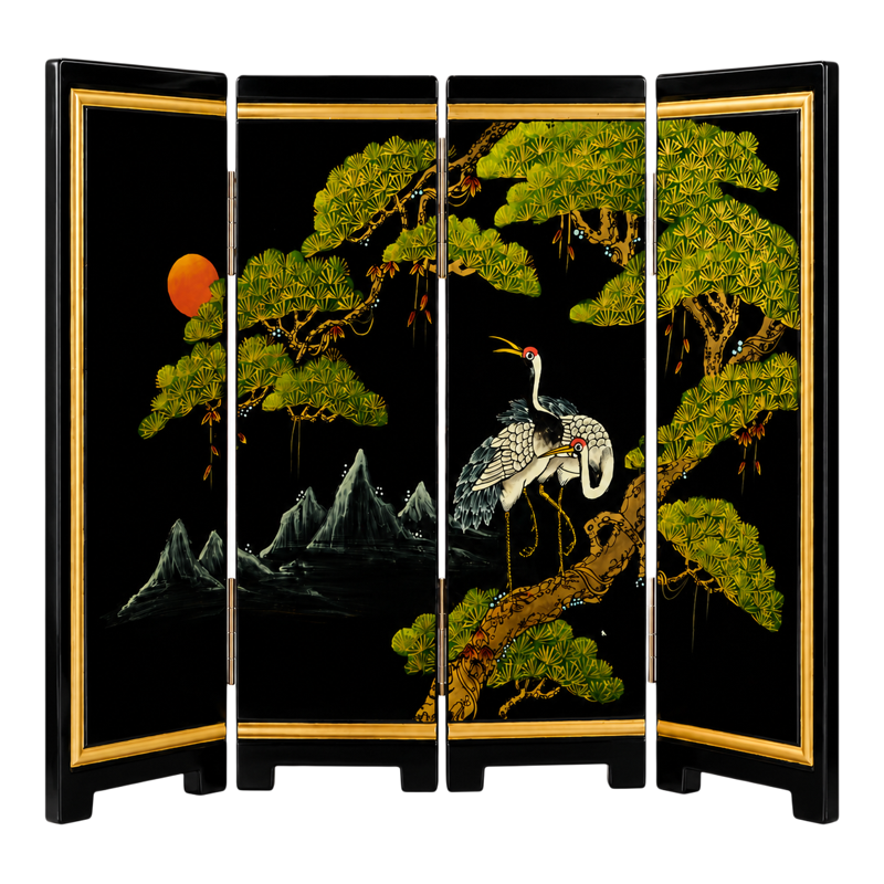 新中式黑漆金边松鹤山水折屏