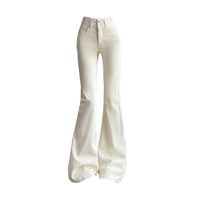 超火米白色微喇牛仔裤