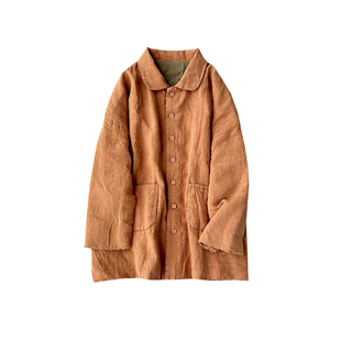 亚麻文艺女装宽松轻薄棉服初冬新品夹棉中长外套休闲保暖棉衣棉袄