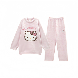 软糯KT半边绒睡衣甜美可爱风凯蒂猫印花加厚保暖可外穿家居服套装