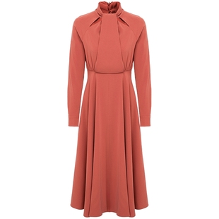 马天奴女装夏季虾粉色针织连衣裙子高腰收腰长袖长裙时尚通勤气质