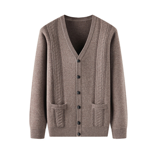 100纯羊毛开衫男士v领中老年人休闲针织衫爸爸毛衣宽松秋冬加厚款