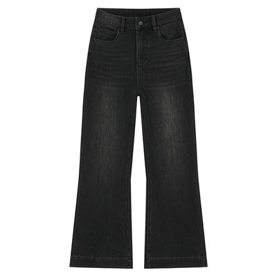 秋冬加绒保暖四面弹小个子高腰百搭九分微喇牛仔裤女黑色微喇裤女