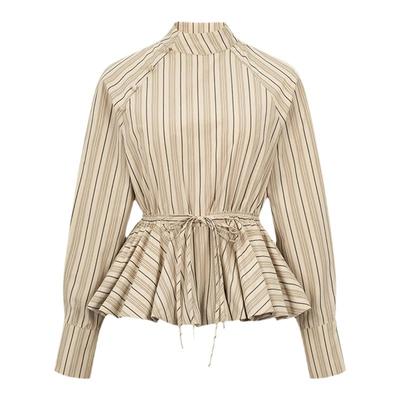 dorydory小立领新中式国风条纹抽绳花苞衬衫早秋新款 遮肚子上衣