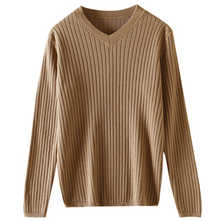 100纯棉针织衫女V领抽条长袖套头毛衣秋冬内搭短款修身显瘦打底衫