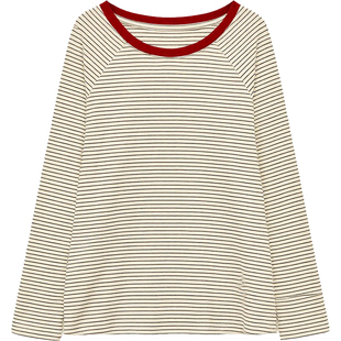 DM100大码百分百女装微胖mm冬季百搭撞色圆领宽松条纹衫打底T恤