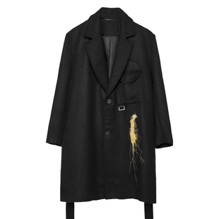2025秋冬装原创潮流暗黑英伦风烫金图案绣花休闲痞帅毛呢子大衣男