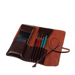 马蒂尼存放24色固体水彩颜料皮制笔袋复古真皮创意简约卷帘式保护画笔橡皮用单个耐用多用途卷帘