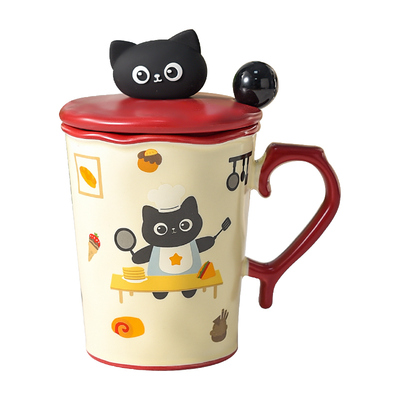 可爱猫咪陶瓷马克杯带盖带勺